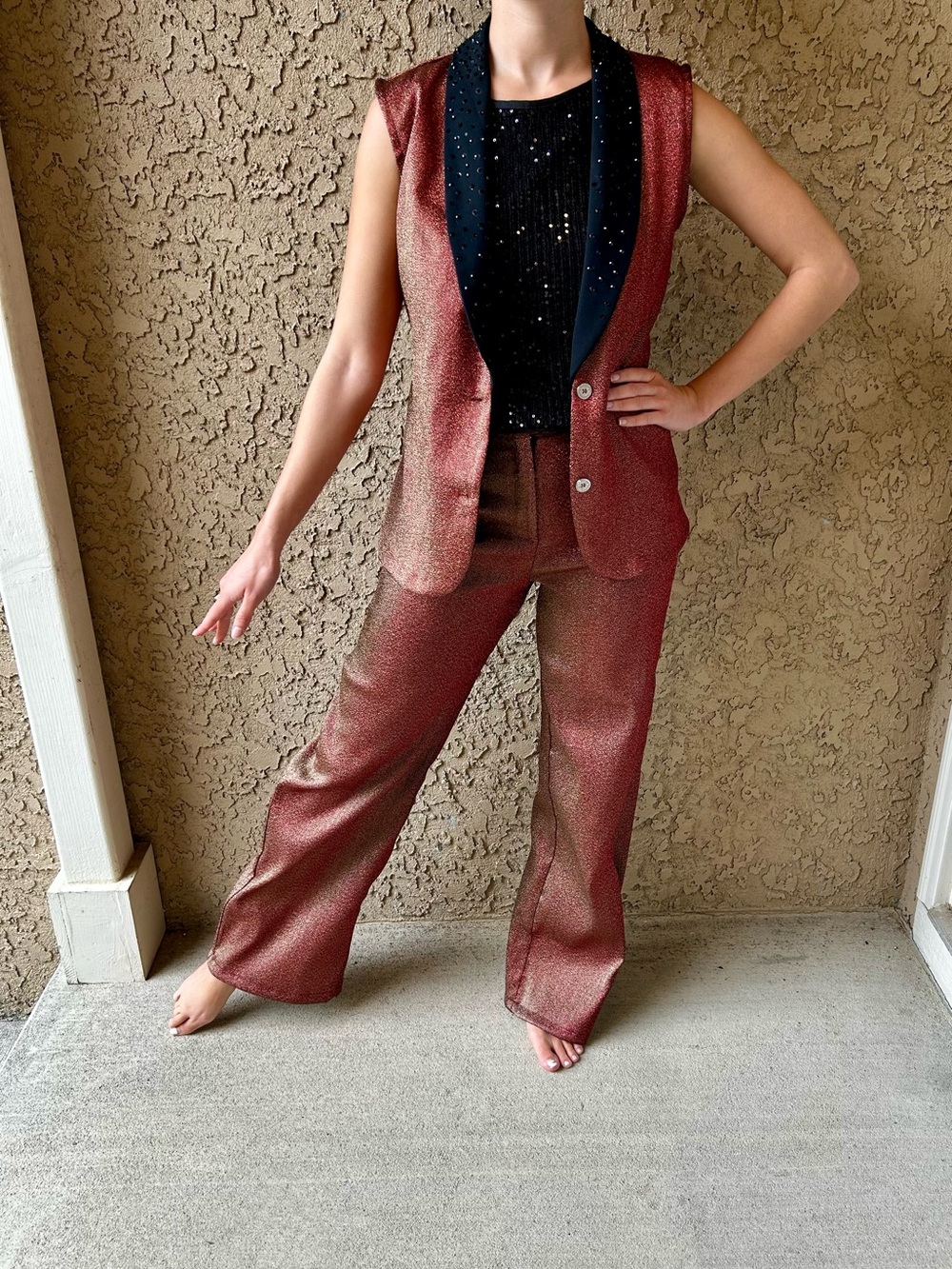 Metallic Red Women's Wide-Leg Trousers & Vest Set